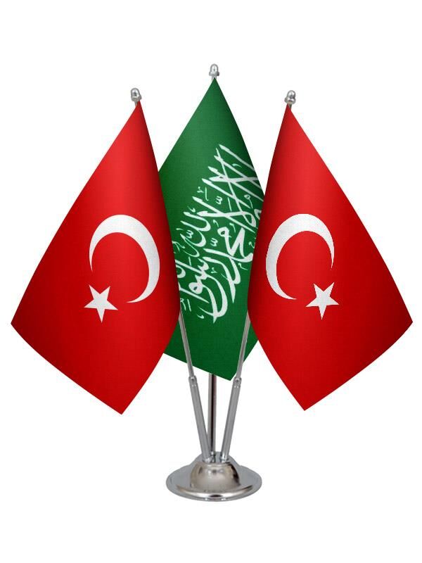 Masa Üstü Yeşil Kelimei Tevhid Bayrağı Türk Bayrağı Üçlü Krom Direk Masa Bayrak Seti