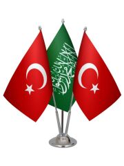 Masa Üstü Yeşil Kelimei Tevhid Bayrağı Türk Bayrağı Üçlü Krom Direk Masa Bayrak Seti