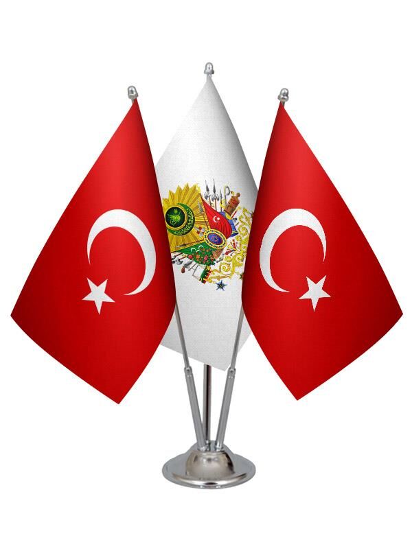 Masa Üstü Osmanlı Arması Bayrağı Türk Bayrağı Üçlü Krom Direk Masa Bayrak Seti