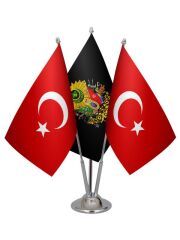 Masa Üstü Siyah Osmanlı Arması Bayrağı Türk Bayrağı Üçlü Krom Direk Masa Bayrak Seti