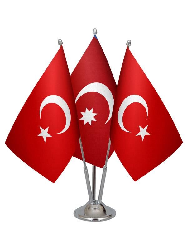 Masa Üstü Osmanlı Devleti Bayrağı Türk Bayrağı Üçlü Krom Direk Masa Bayrak Seti