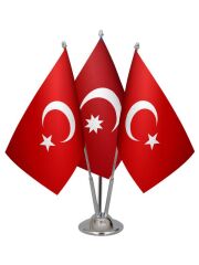 Masa Üstü Osmanlı Devleti Bayrağı Türk Bayrağı Üçlü Krom Direk Masa Bayrak Seti