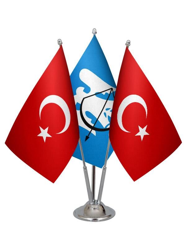 Masa Üstü Selçuklu Devleti Bayrağı Türk Bayrağı Üçlü Krom Direk Masa Bayrak Seti