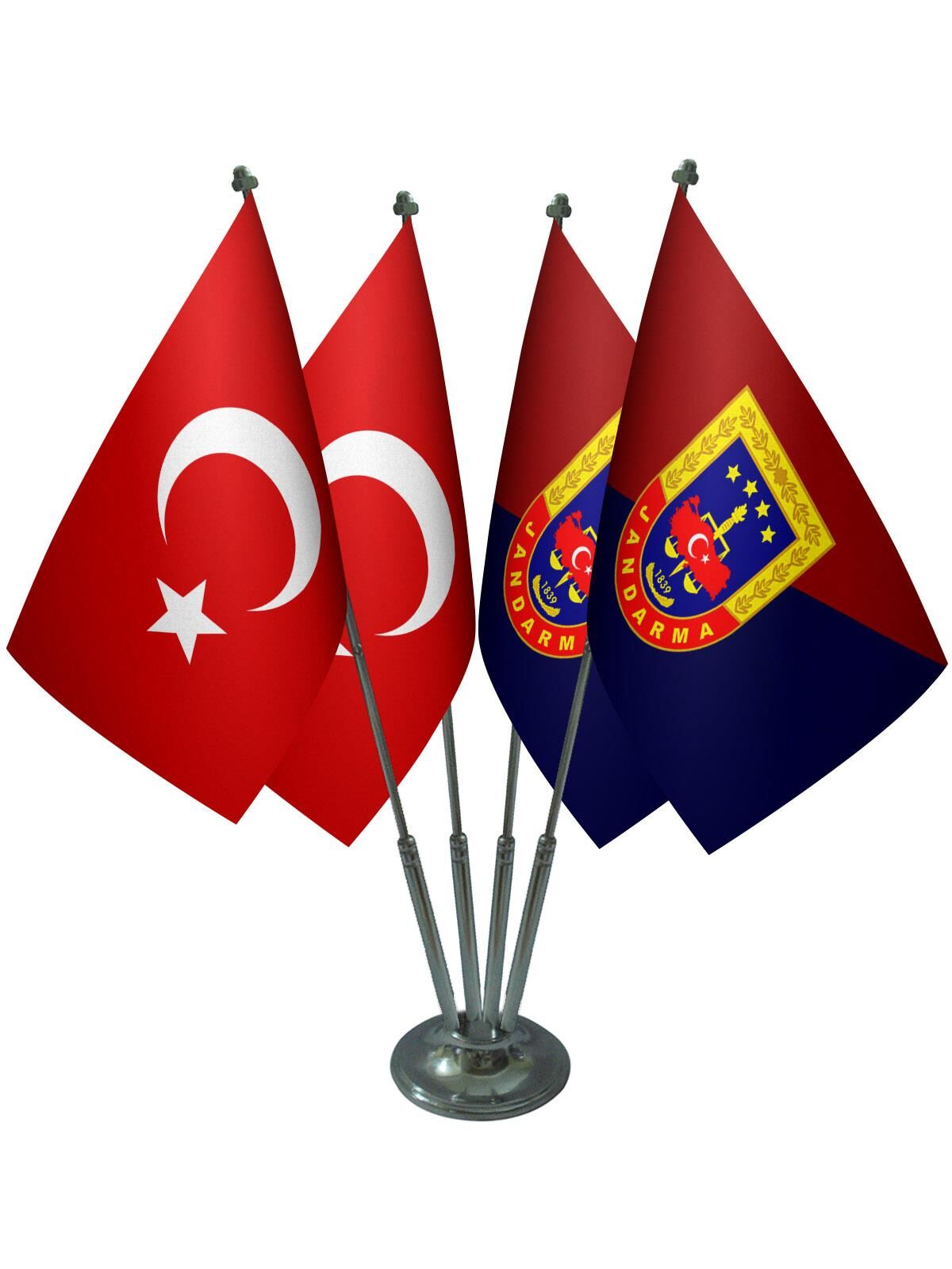 Masa Üstü Jandarma Bayrağı Türk Bayrağı Dörtlü Krom Direk Masa Bayrak Seti