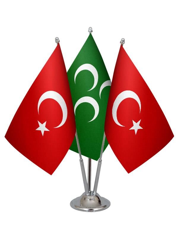Masa Üstü Yeşil Üç Hilal Bayrağı Türk Bayrağı Üçlü Krom Direk Masa Bayrak Seti