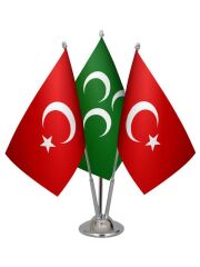 Masa Üstü Yeşil Üç Hilal Bayrağı Türk Bayrağı Üçlü Krom Direk Masa Bayrak Seti