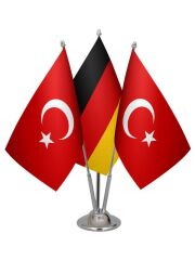Masa Üstü Almanya Bayrağı Türk Bayrağı Üçlü Krom Direk Masa Bayrak Seti