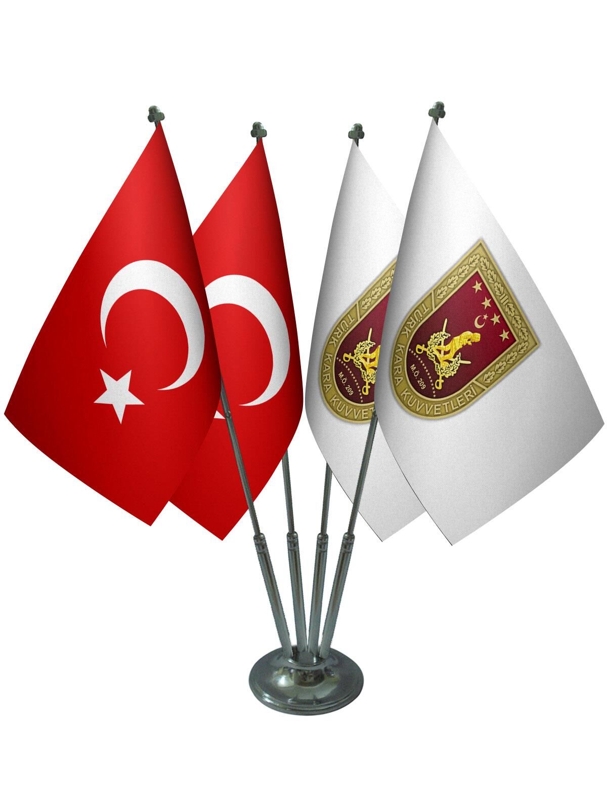 Masa Üstü Kara Kuvvetleri Bayrağı Türk Bayrağı Dörtlü Krom Direk Masa Bayrak Seti