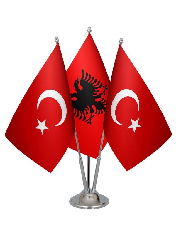Masa Üstü Arnavutluk Bayrağı Türk Bayrağı Üçlü Krom Direk Masa Bayrak Seti