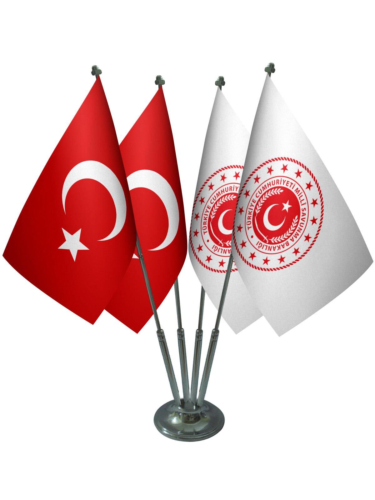 Masa Üstü Milli Savunma Bakanlığı Bayrağı Türk Bayrağı Dörtlü Krom Direk Masa Bayrak Seti