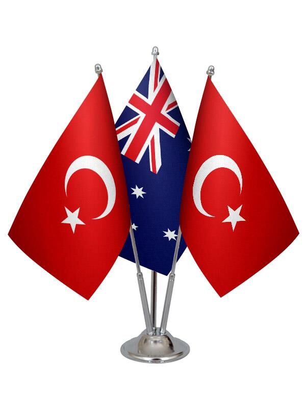 Masa Üstü Avustralya Bayrağı Türk Bayrağı Üçlü Krom Direk Masa Bayrak Seti