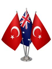 Masa Üstü Avustralya Bayrağı Türk Bayrağı Üçlü Krom Direk Masa Bayrak Seti