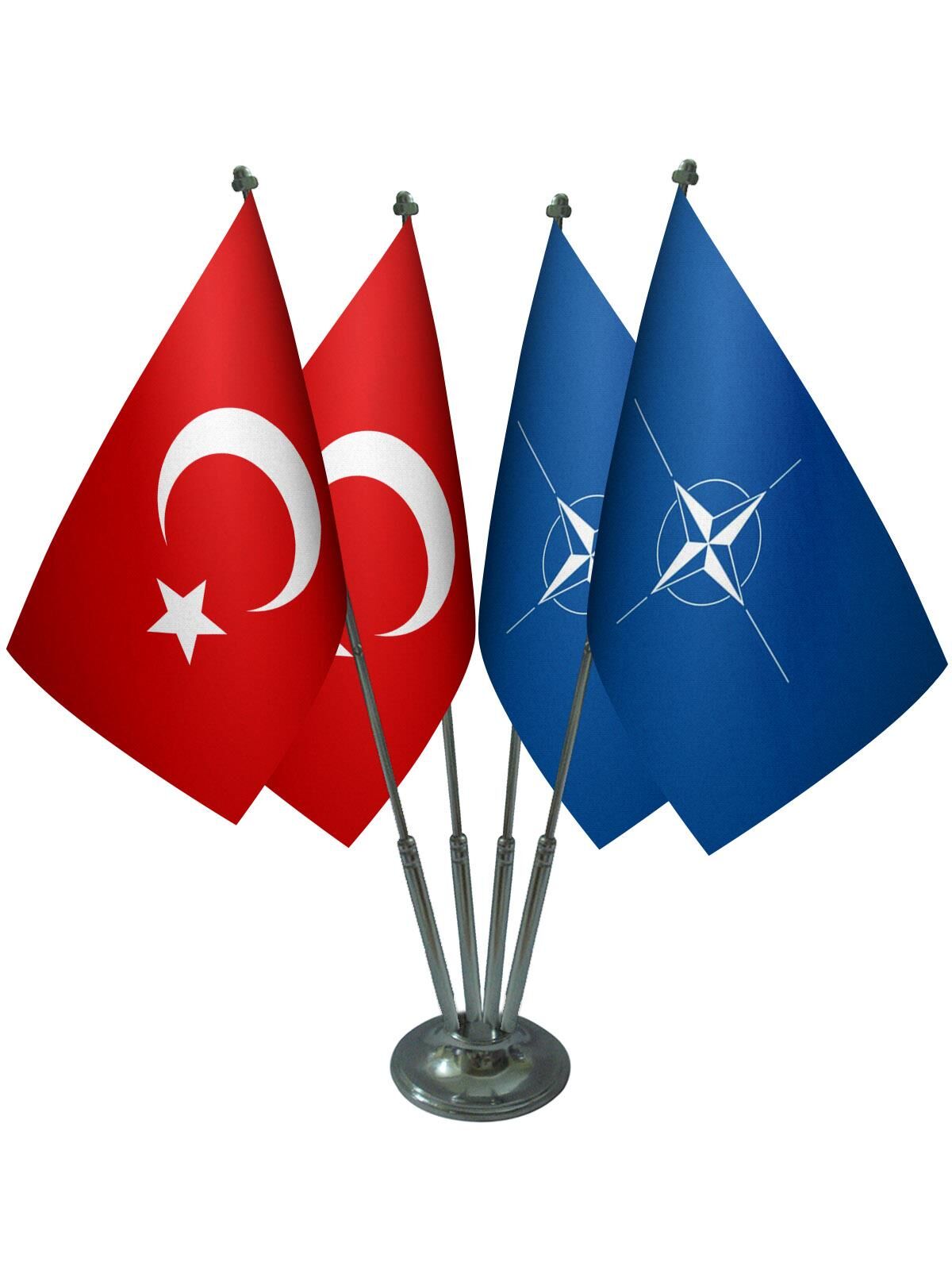 Masa Üstü NATO Bayrağı Türk Bayrağı Dörtlü Krom Direk Masa Bayrak Seti