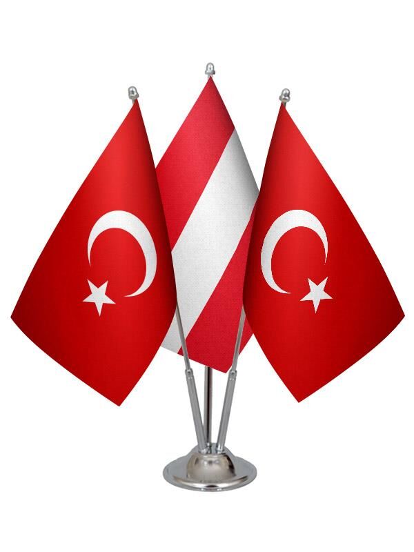 Masa Üstü Avusturya Bayrağı Türk Bayrağı Üçlü Krom Direk Masa Bayrak Seti