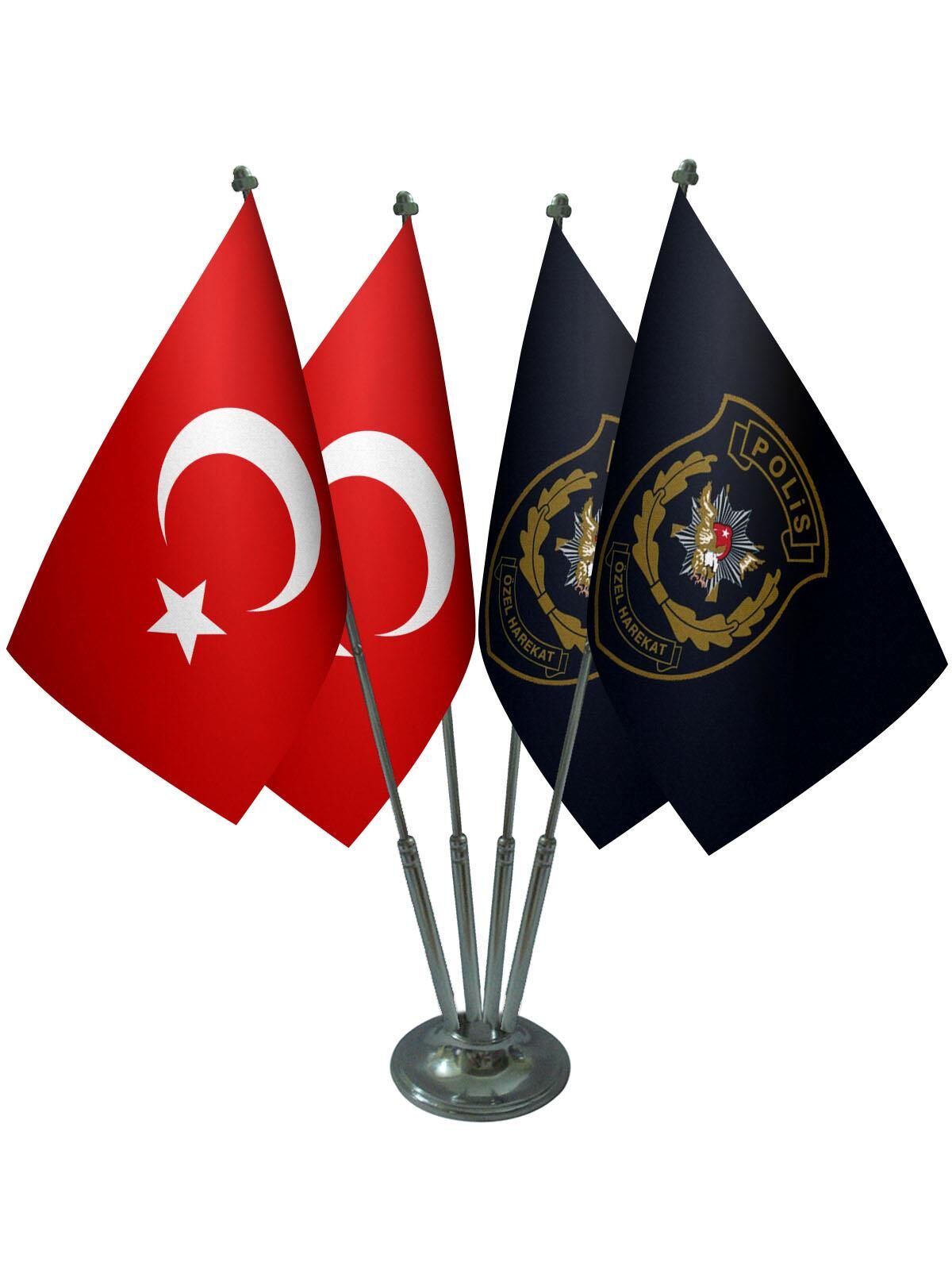 Masa Üstü PÖH Polis Özel Harekat Bayrağı Türk Bayrağı Dörtlü Krom Direk Masa Bayrak Seti