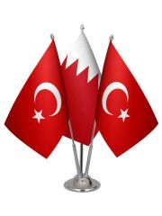 Masa Üstü Bahreyn Bayrağı Türk Bayrağı Üçlü Krom Direk Masa Bayrak Seti