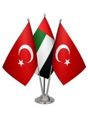 Masa Üstü Birleşik Arap Emirlikleri Bayrağı Türk Bayrağı Üçlü Krom Direk Masa Bayrak Seti