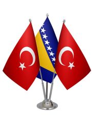 Masa Üstü Bosna Hersek Bayrağı Türk Bayrağı Üçlü Krom Direk Masa Bayrak Seti