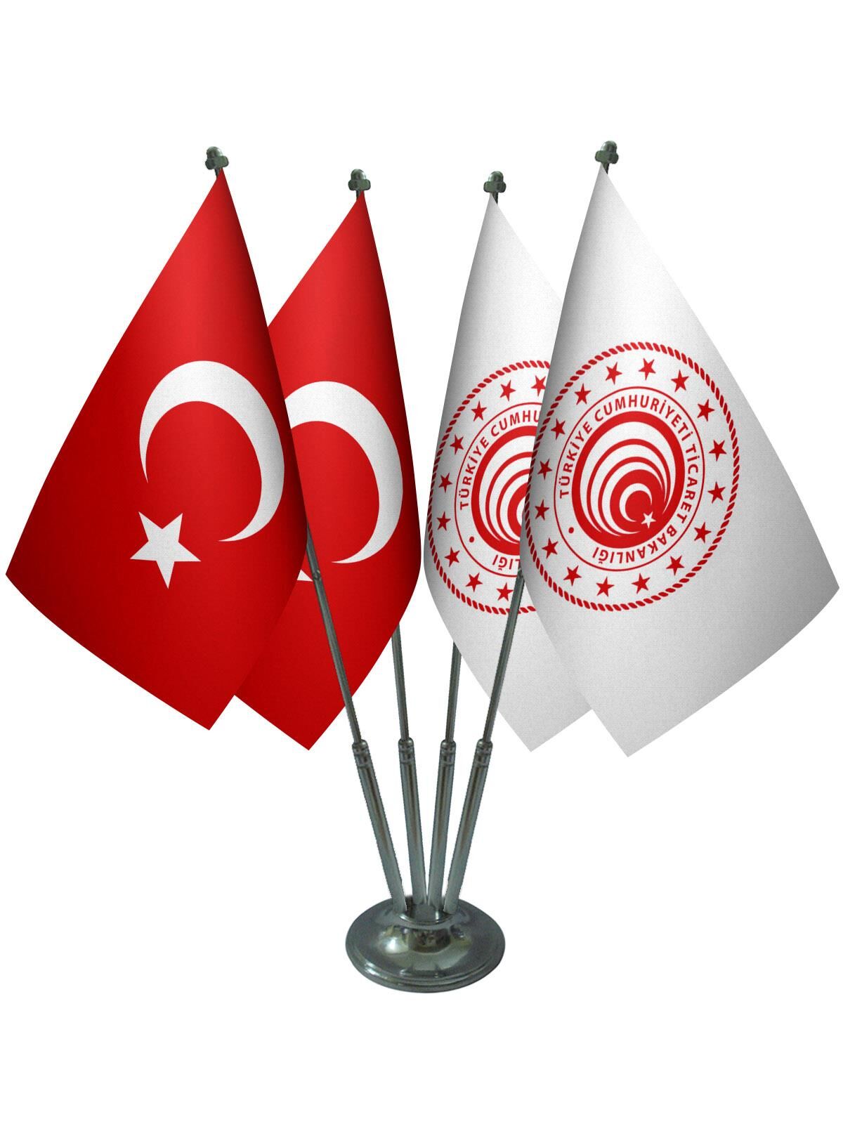 Masa Üstü Ticaret Bakanlığı Bayrağı Türk Bayrağı Dörtlü Krom Direk Masa Bayrak Seti