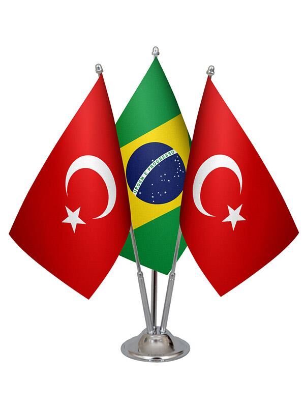 Masa Üstü Brezilya Bayrağı Türk Bayrağı Üçlü Krom Direk Masa Bayrak Seti