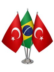 Masa Üstü Brezilya Bayrağı Türk Bayrağı Üçlü Krom Direk Masa Bayrak Seti
