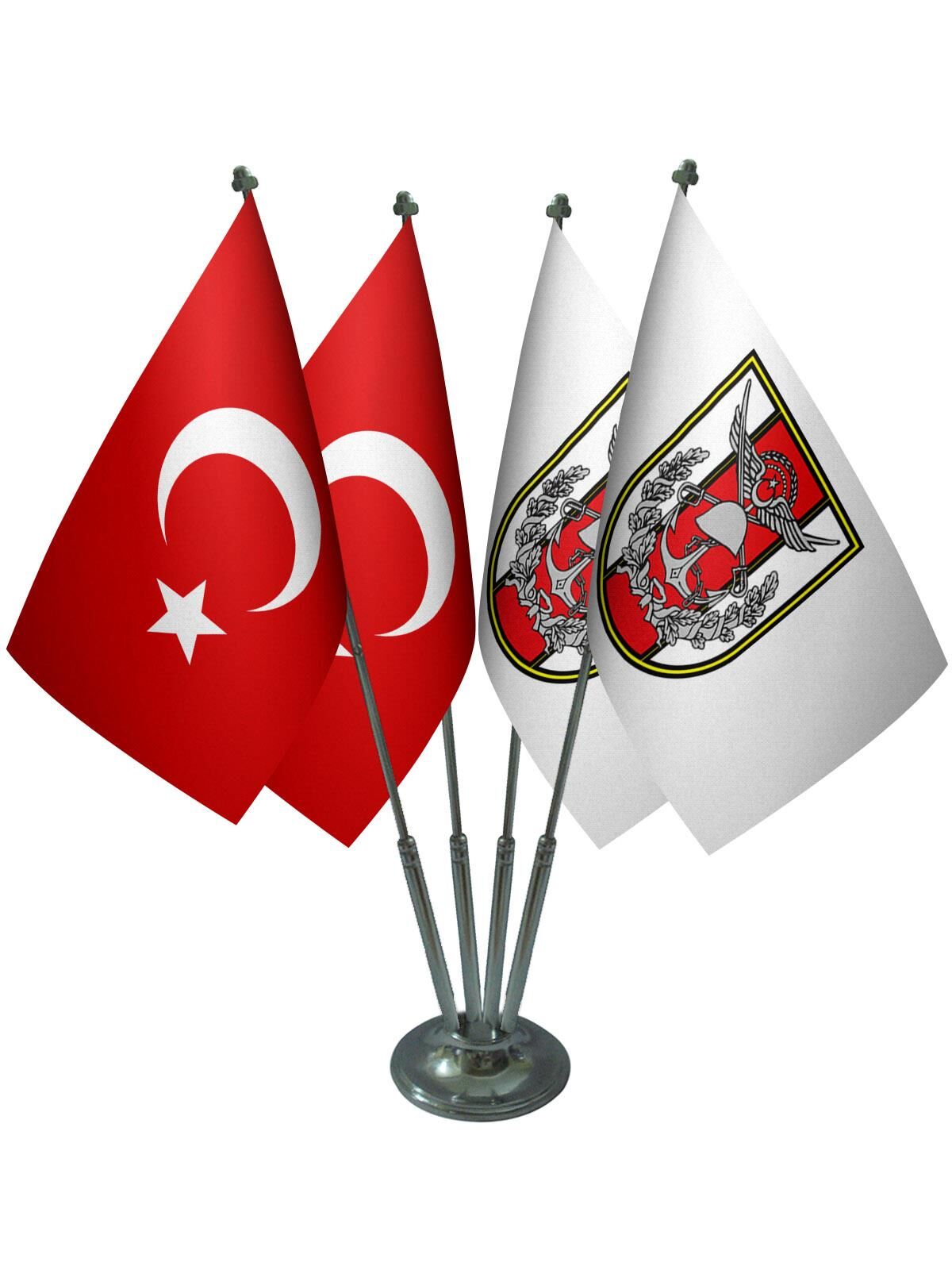 Masa Üstü TSK Türk Silahlı Kuvvetleri Bayrağı Türk Bayrağı Dörtlü Krom Direk Masa Bayrak Seti