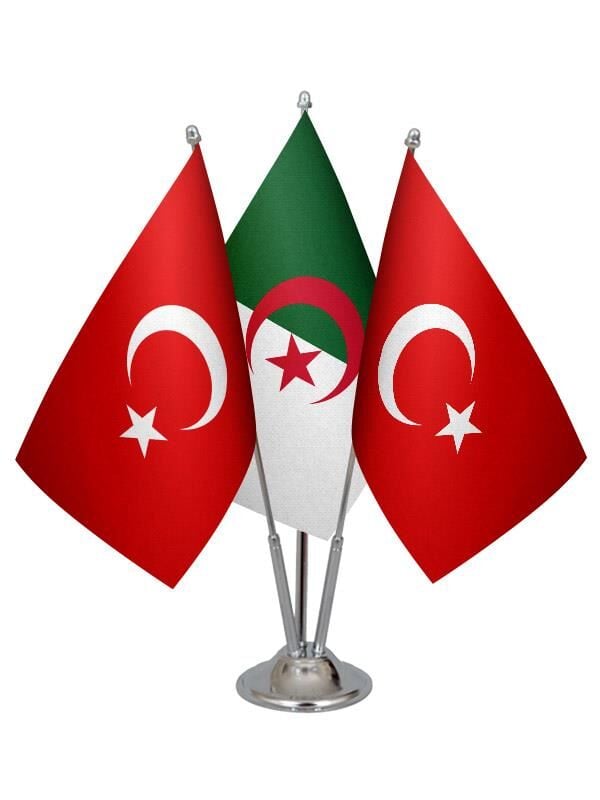 Masa Üstü Cezayir Bayrağı Türk Bayrağı Üçlü Krom Direk Masa Bayrak Seti