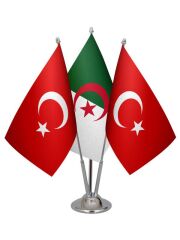 Masa Üstü Cezayir Bayrağı Türk Bayrağı Üçlü Krom Direk Masa Bayrak Seti
