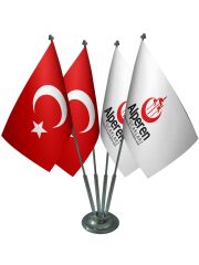 Masa Üstü Alperen Ocakları Bayrağı Türk Bayrağı Dörtlü Krom Direk Masa Bayrak Seti