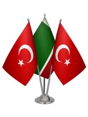Masa Üstü Çeçenistan Bayrağı Türk Bayrağı Üçlü Krom Direk Masa Bayrak Seti