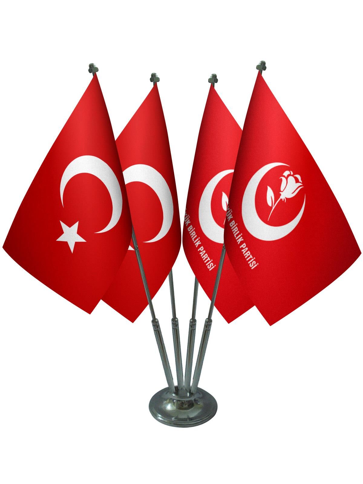 Masa Üstü Büyük Birlik Partisi Bayrağı Türk Bayrağı Dörtlü Krom Direk Masa Bayrak Seti