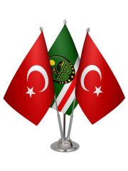 Masa Üstü Çeçenistan İçkerya Bayrağı Türk Bayrağı Üçlü Krom Direk Masa Bayrak Seti