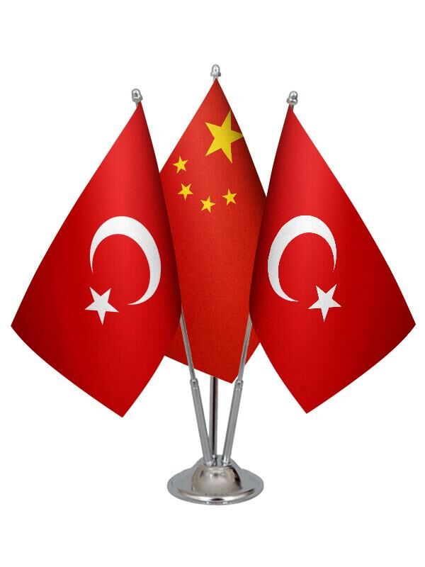 Masa Üstü Çin Bayrağı Türk Bayrağı Üçlü Krom Direk Masa Bayrak Seti