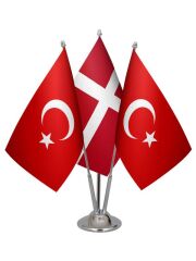 Masa Üstü Danimarka Bayrağı Türk Bayrağı Üçlü Krom Direk Masa Bayrak Seti