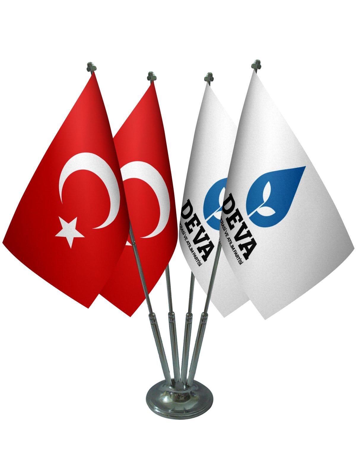 Masa Üstü DEVA Partisi Bayrağı Türk Bayrağı Dörtlü Krom Direk Masa Bayrak Seti