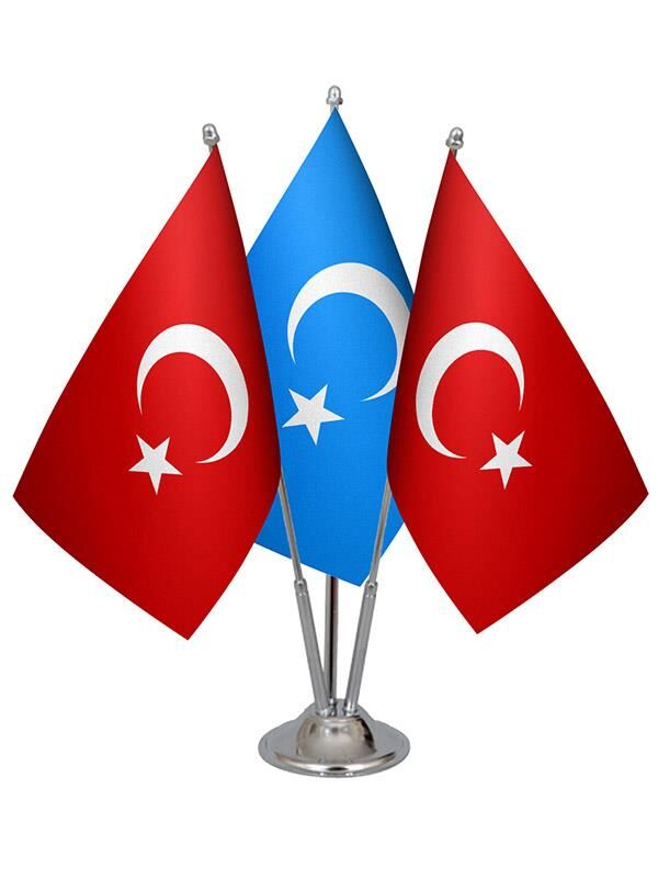Masa Üstü Doğu Türkistan Bayrağı Türk Bayrağı Üçlü Krom Direk Masa Bayrak Seti