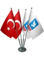 Masa Üstü DSP Bayrağı Türk Bayrağı Dörtlü Krom Direk Masa Bayrak Seti