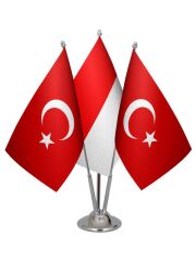 Masa Üstü Endonezya Bayrağı Türk Bayrağı Üçlü Krom Direk Masa Bayrak Seti