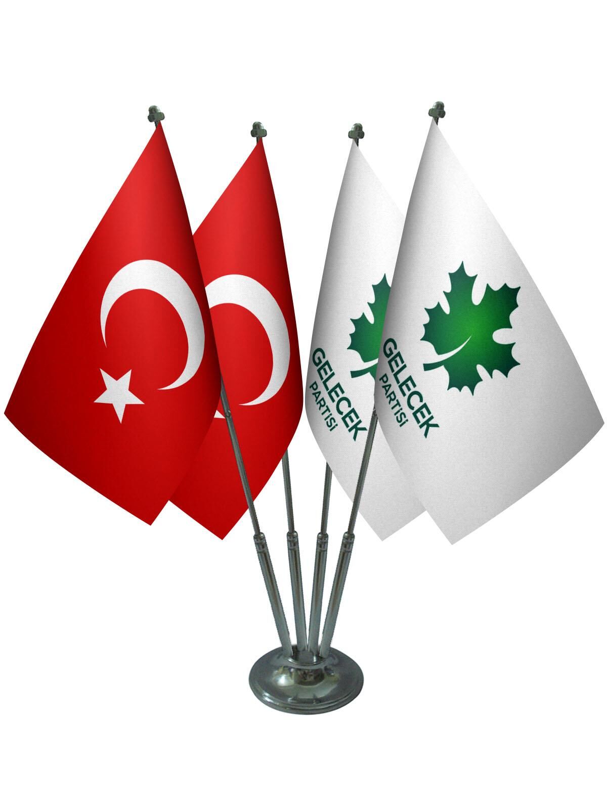 Masa Üstü Gelecek Partisi Bayrağı Türk Bayrağı Dörtlü Krom Direk Masa Bayrak Seti