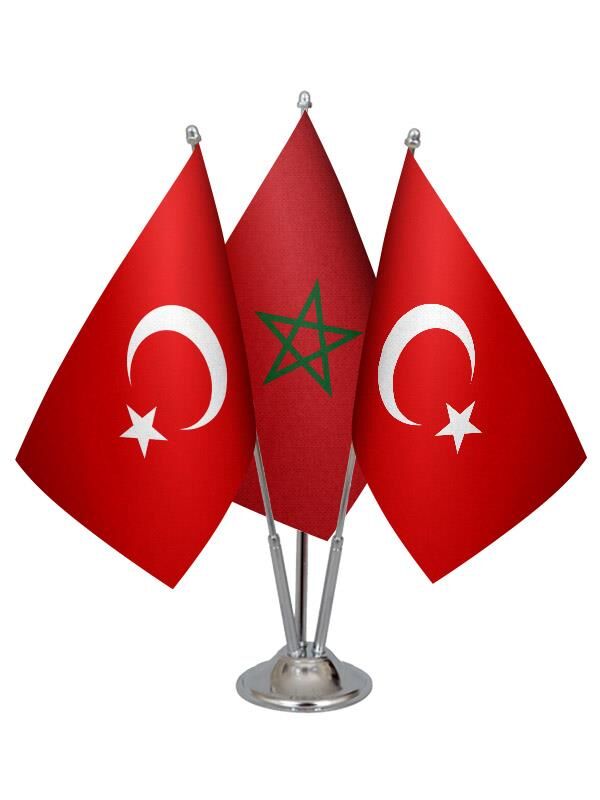 Masa Üstü Fas Bayrağı Türk Bayrağı Üçlü Krom Direk Masa Bayrak Seti