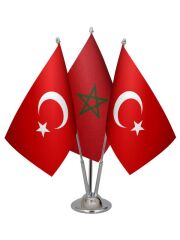 Masa Üstü Fas Bayrağı Türk Bayrağı Üçlü Krom Direk Masa Bayrak Seti