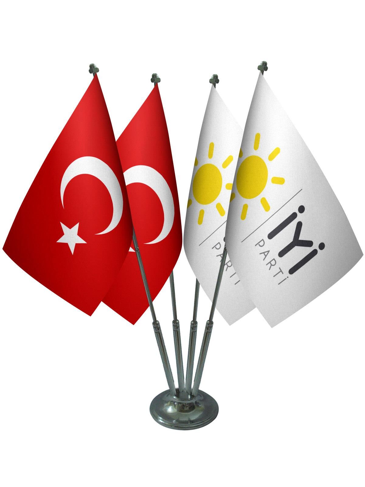 Masa Üstü İyi Parti Bayrağı Türk Bayrağı Dörtlü Krom Direk Masa Bayrak Seti