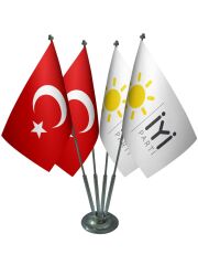 Masa Üstü İyi Parti Bayrağı Türk Bayrağı Dörtlü Krom Direk Masa Bayrak Seti