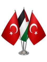 Masa Üstü Filistin Bayrağı Türk Bayrağı Üçlü Krom Direk Masa Bayrak Seti