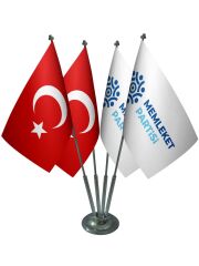 Masa Üstü Memleket Partisi Bayrağı Türk Bayrağı Dörtlü Krom Direk Masa Bayrak Seti