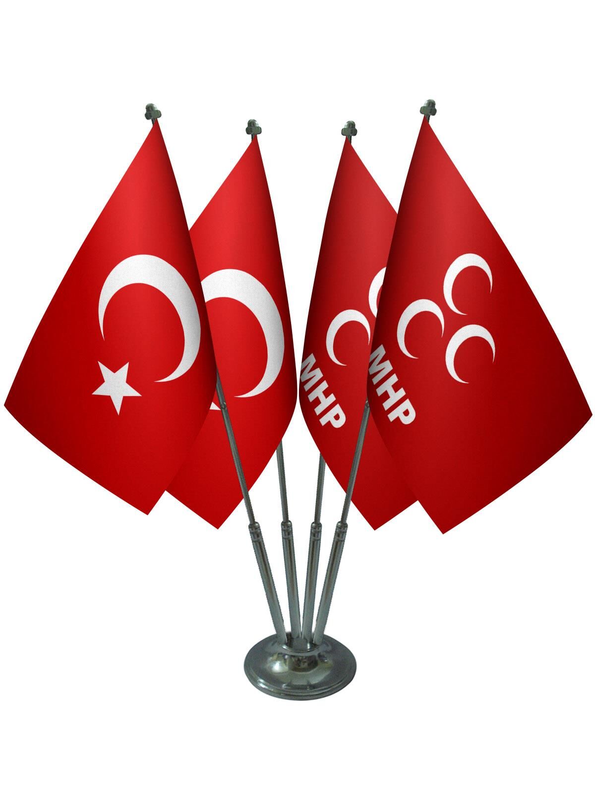 Masa Üstü MHP Bayrağı Türk Bayrağı Dörtlü Krom Direk Masa Bayrak Seti