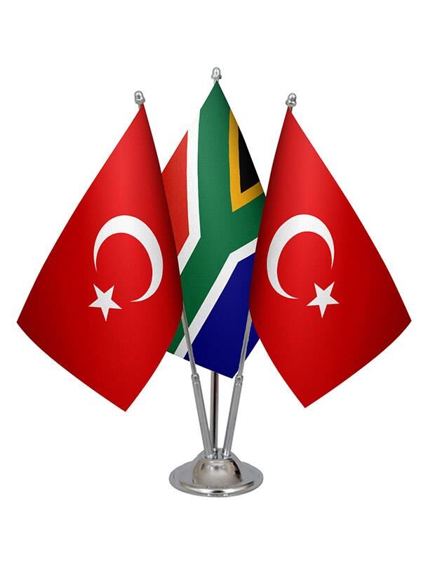 Masa Üstü Güney Afrika Bayrağı Türk Bayrağı Üçlü Krom Direk Masa Bayrak Seti