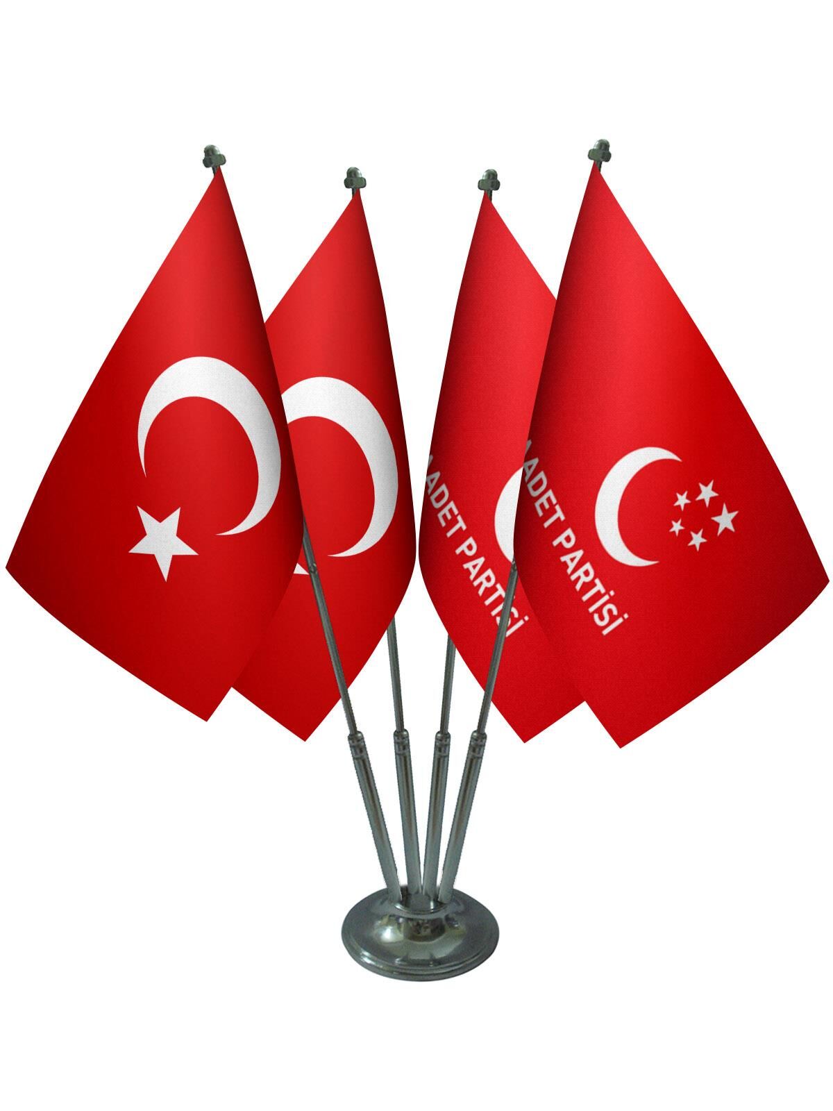 Masa Üstü Saadet Partisi Bayrağı Türk Bayrağı Dörtlü Krom Direk Masa Bayrak Seti