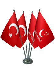 Masa Üstü Saadet Partisi Bayrağı Türk Bayrağı Dörtlü Krom Direk Masa Bayrak Seti