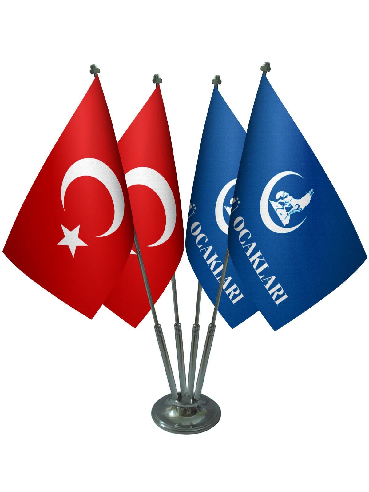 Masa Üstü Ülkü Ocakları Bayrağı Türk Bayrağı Dörtlü Krom Direk Masa Bayrak Seti